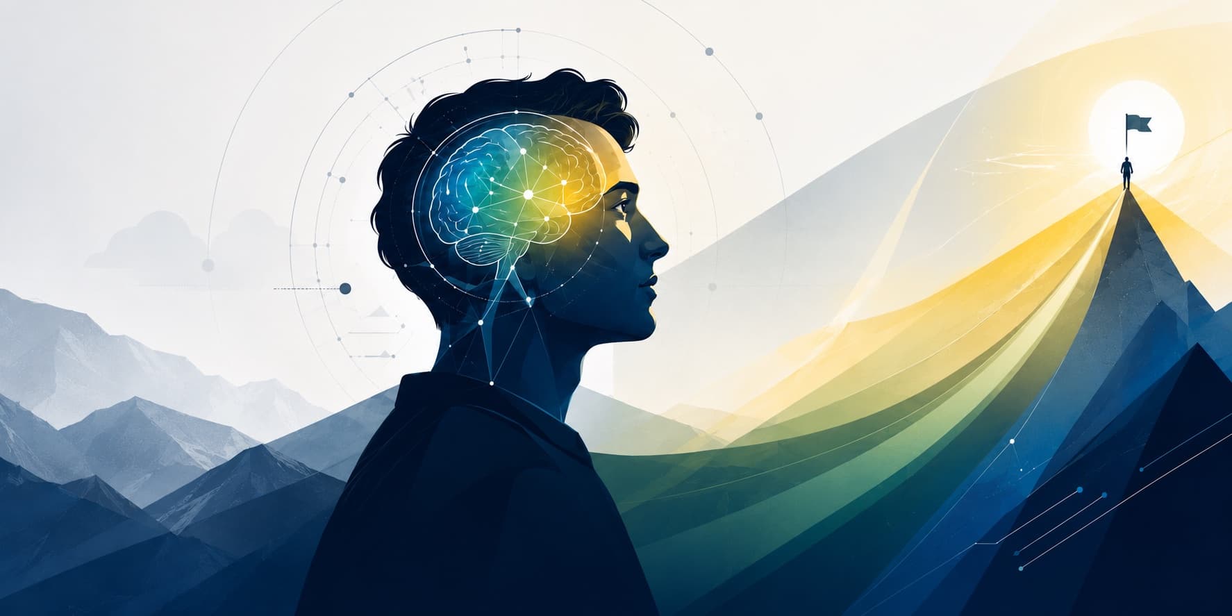 Illustration of a young man in profile with a glowing network of a brain inside his head, facing mountains and a golden path that rises to a small figure beside a flag on a sunlit summit